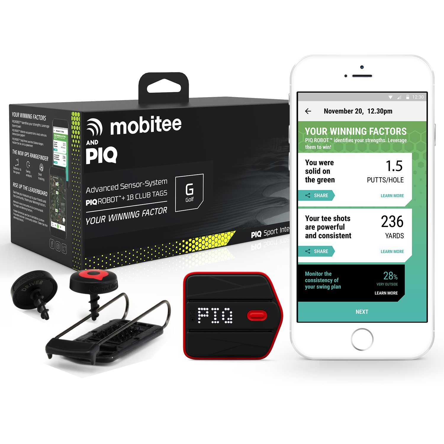 Mobitee & PIQ Wearable Golf Sport Tracker - Golf Course GPS Rangefinder On Your Wrist, Club GPS Shot Tracker, Club Shot Statistics, Golf Swing Ana