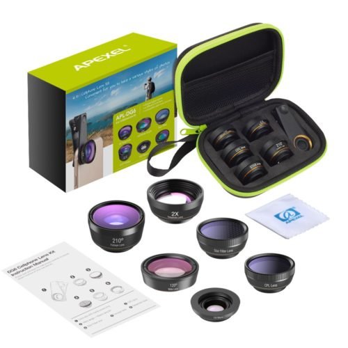 APEXEL 6 in 1 Phone Camera Lens Fisheye Lens Wide Angle macro Lens CPL Star Filter 2X telescope for Samsung Huawei all phones 6