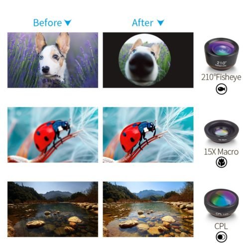 APEXEL 6 in 1 Phone Camera Lens Fisheye Lens Wide Angle macro Lens CPL Star Filter 2X telescope for Samsung Huawei all phones 3