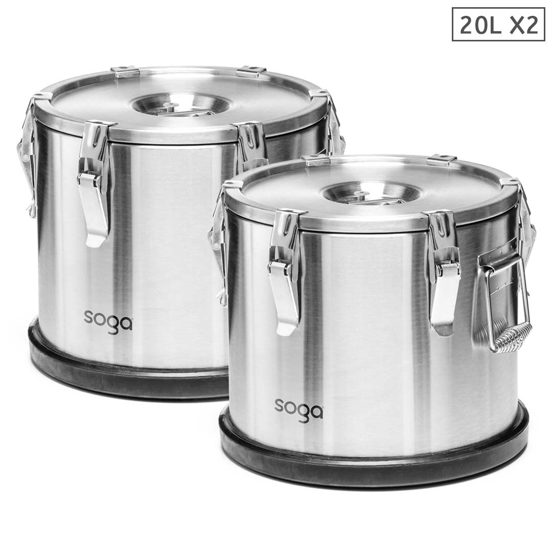 SOGA 2X 20L 304 Stainless Steel Insulated Food Carrier Warmer Container with Anti Slip Rubber Bottom
