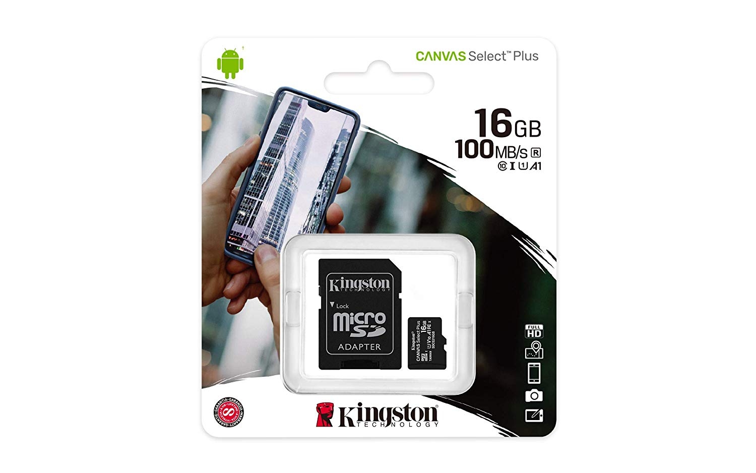 Kingston 16GB microSDHC Canvas Select 100R CL10 UHS-I Card + SD Adapter SDCS2/16GB