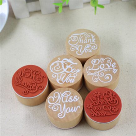 Wooden Round Handwriting Wishes Sentiment Words Floral Pattern Rubber Stamp 2