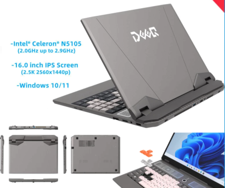 16.0 inch 2.5K 2560*1440 IPS Intel N5105 Windows 10 11 16GB 256GB SSD Computer 2.4G/5.0G Wifi Bluetooth Gaming Laptop Touch ID 6