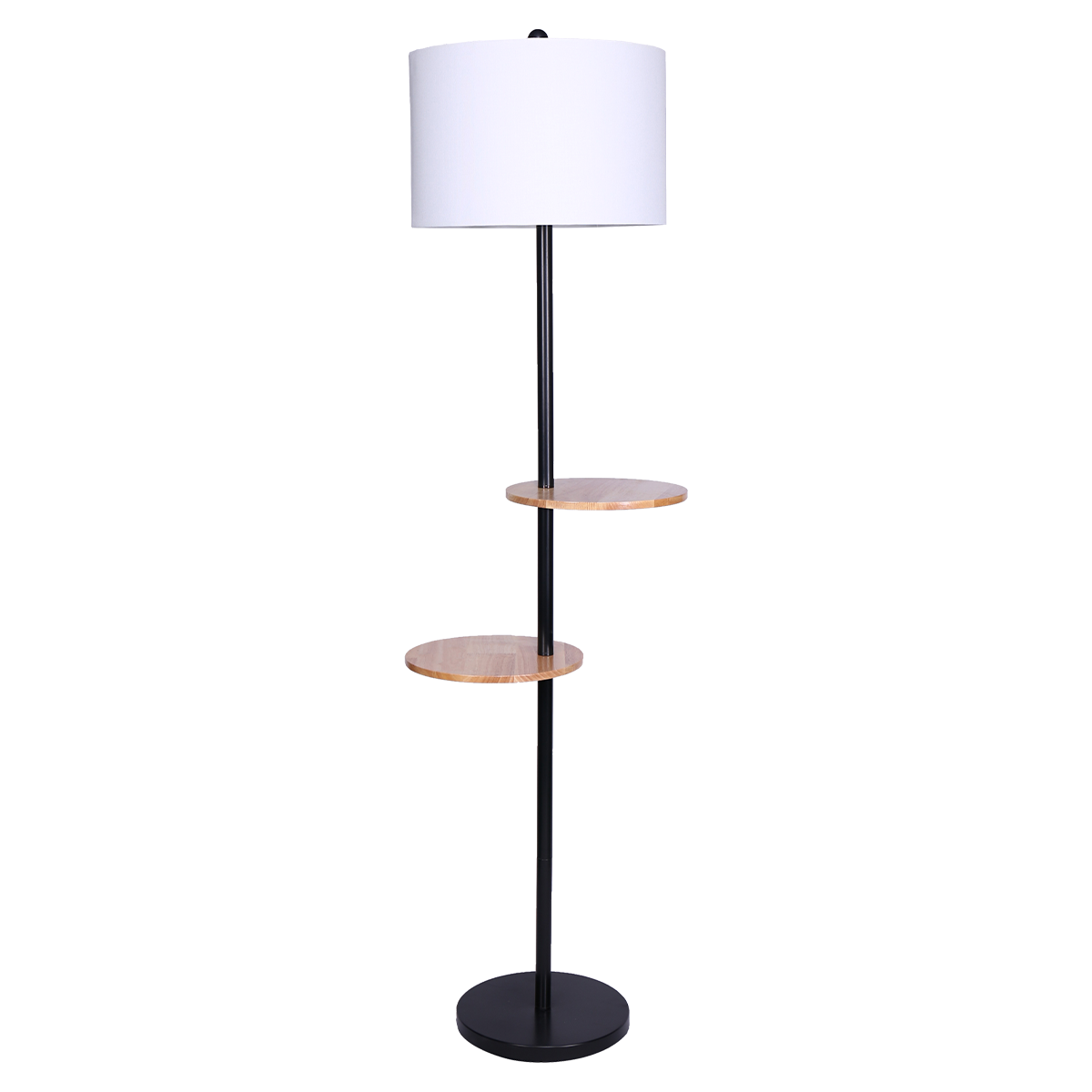 Sarantino Metal Floor Lamp Shade with Black Post in Round Wood Shelves 2