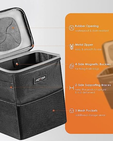 HOTOR Car Trash Can with Lid and Storage Pockets, 100% Leak-Proof Car Organizer, Waterproof Car Garbage Can, Multipurpose Trash Bin for Car - Image 4