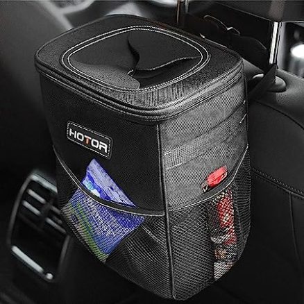 HOTOR Car Trash Can with Lid and Storage Pockets, 100% Leak-Proof Car Organizer, Waterproof Car Garbage Can, Multipurpose Trash Bin for Car