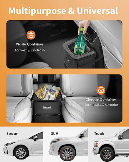 HOTOR Car Trash Can with Lid and Storage Pockets, 100% Leak-Proof Car Organizer, Waterproof Car Garbage Can, Multipurpose Trash Bin for Car - Image 3