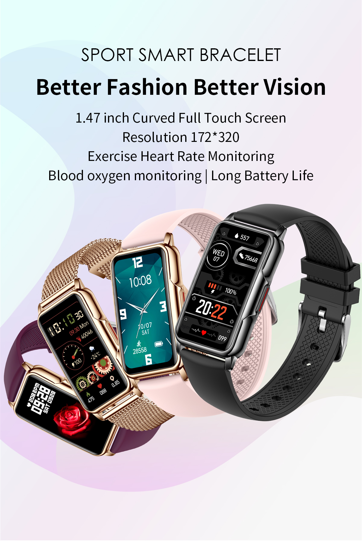 H80 Female Smart Watch | Sport Smart Bracelet | 1.47 Inch Curved Full Touch Screen | Exercise Heart Monitoring | Blood Oxygen Monitoring