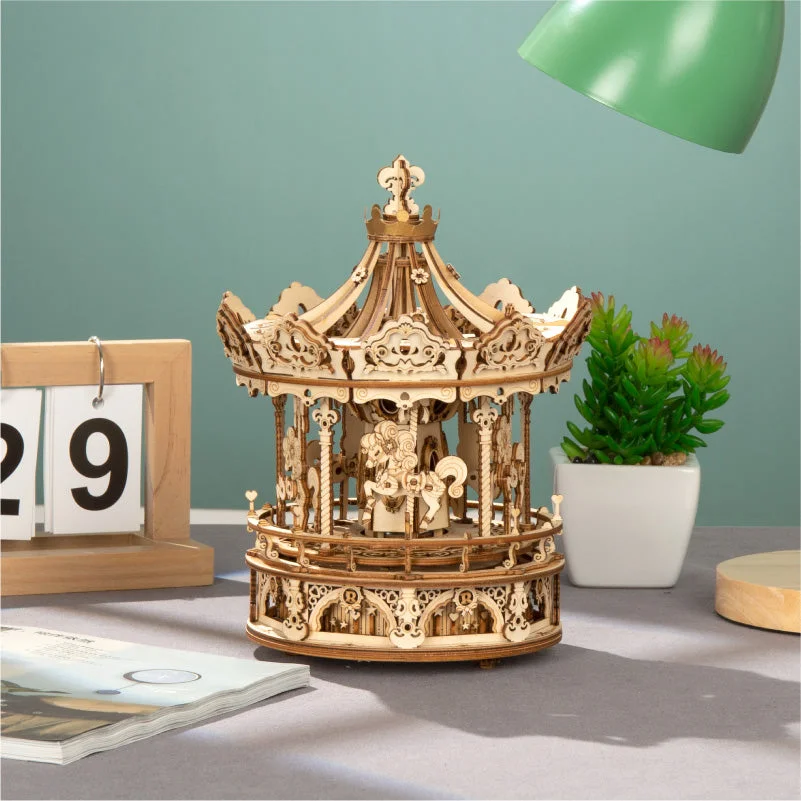 Wooden Romantic Carousel Mechanical Music Box 3D Wooden Puzzle AMK62