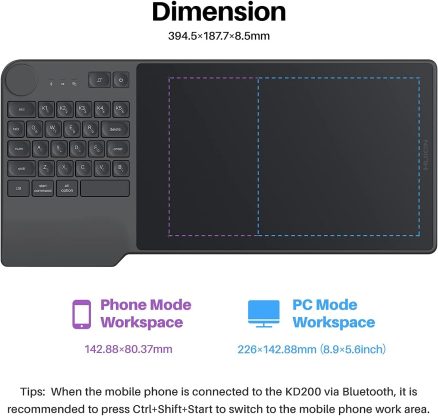 Wireless Drawing Tablet HUION Inspiroy Keydial KD200 Bluetooth Graphic Tablet with Keyboard Dial 5 Customized Express Keys Battery-Free Pen, 8.9x5.6inch Art Tablet Work with Windows, Mac, Android 5