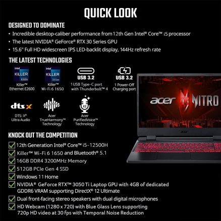 Acer Nitro 5 AN515-58-57Y8 Gaming Laptop | Intel Core i5-12500H | NVIDIA GeForce RTX 3050 Ti Laptop GPU | 15.6" FHD 144Hz IPS Display | 16GB DDR4 | 512GB Gen 4 SSD | Killer Wi-Fi 6 | Backlit Keyboard 6