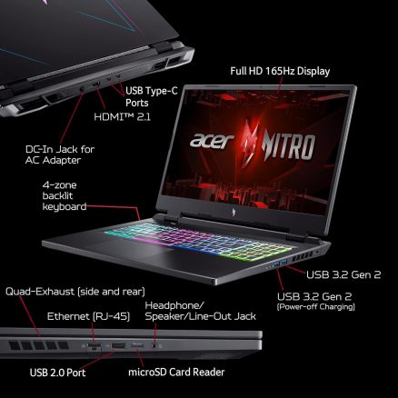 Acer Nitro 17 Gaming Laptop AMD Ryzen 7 7840HS Octa-Core CPU 17.3" FHD 165Hz IPS Display NVIDIA GeForce RTX 4050 16GB DDR5 1TB SSD Wi-Fi 6E RGB Backlit KB AN17-41-R6L9 13