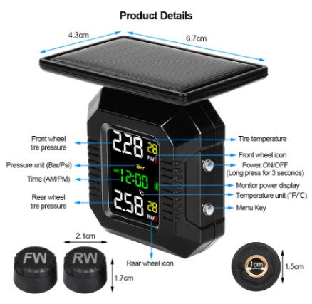 Motorcycle TPMS Tire Pressure Monitoring System 2 Tyre Pressure External Sensors Solar Power TPMS Tire Pressure Alarm Monitor 6