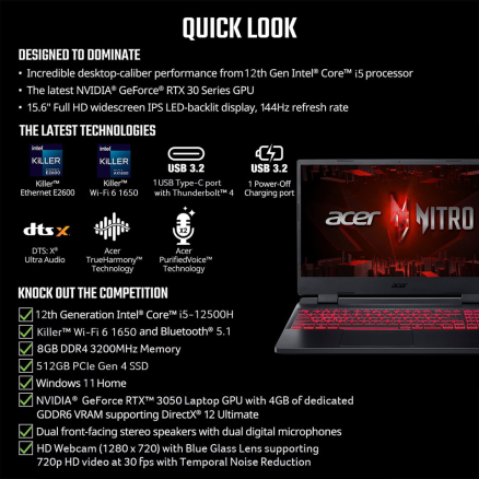 Acer Nitro 5 AN515-58-525P Gaming Laptop | Intel Core I5-12500H | RTX 3050 5