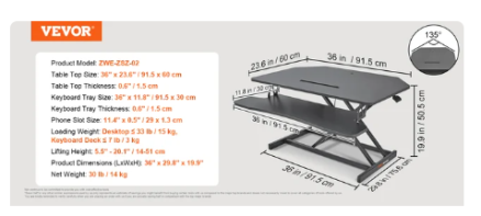 VEVOR Double-Layer Standing Desk Converter 36" x 23.6" Height Adjustable Standing Desk Sit to Stand Converter Stand Up Home Desk 4