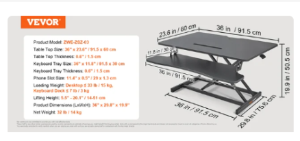 VEVOR Double-Layer Standing Desk Converter 36" x 23.6" Height Adjustable Standing Desk Sit to Stand Converter Stand Up Home Desk 5