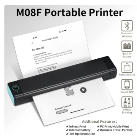 Phomemo M08F A4 Portable Thermal Printer,Supports 8.26"x11.69" A4 Thermal Paper,Wireless Mobile Travel Printers for Car & Office 8